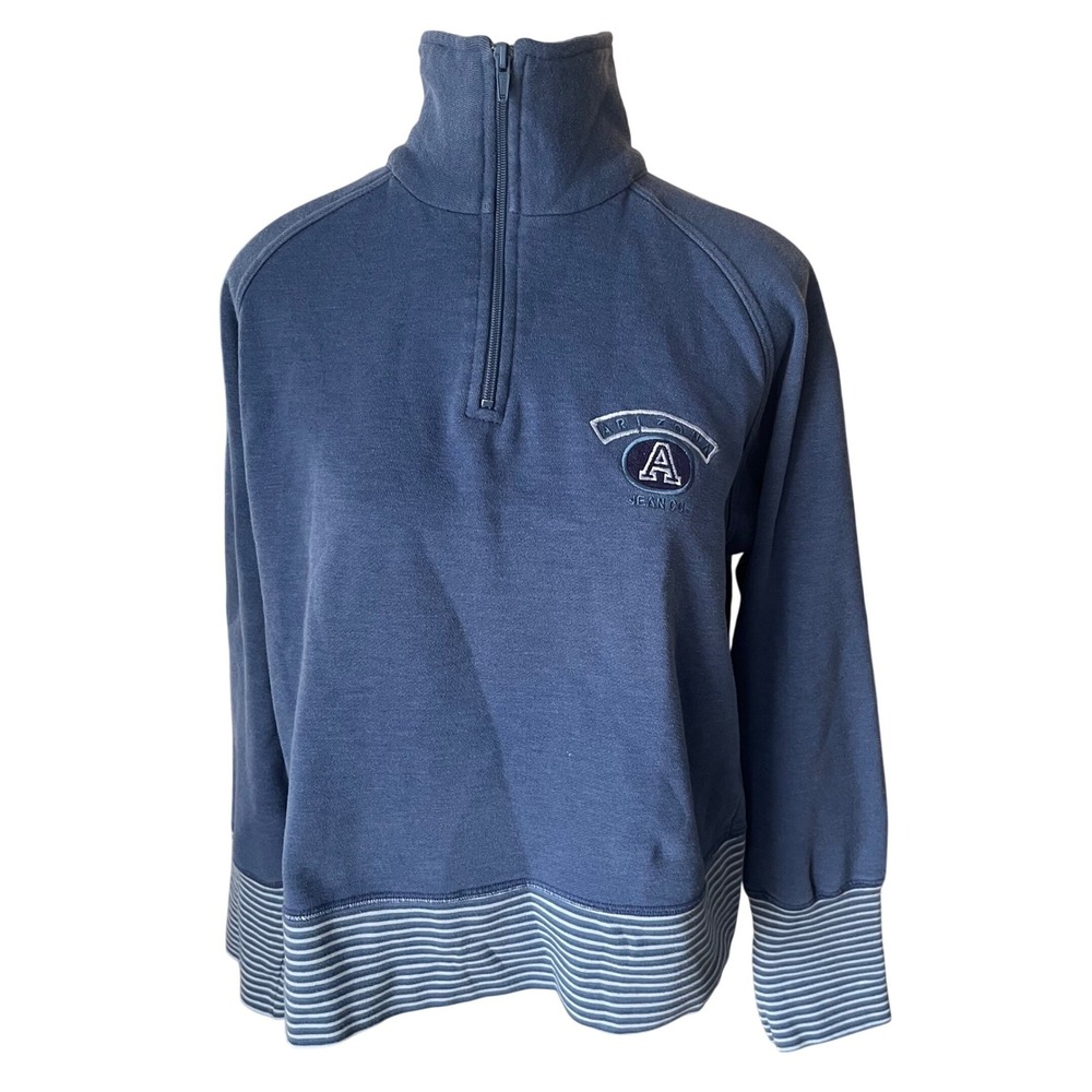Vtg Arizona Jeanโ Co Blue Quarter Zip Sweatshirt Varsity Logo Striped Trim XL